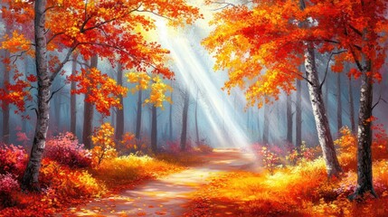 Autumn Path Through Sunlit Forest With Vivid Colors
