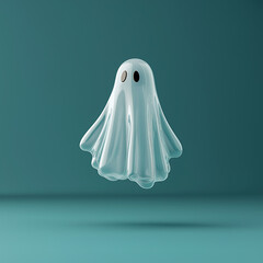 Niedliches, 3D-maniertes Gespenst mit schwarzen Augen vor turquoise Hintergrund

