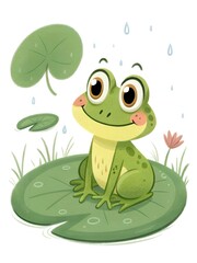 Fototapeta premium Cute Frog on Lily Pad Rain Nature Childrens Illustration Cartoon Animal
