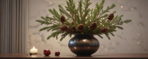 Fototapeta premium Decorative Christmas tree branches with ornaments and pinecones in a vase, ornaments, decorative