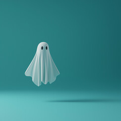Niedliches, 3D-maniertes Gespenst mit schwarzen Augen vor turquoise Hintergrund

