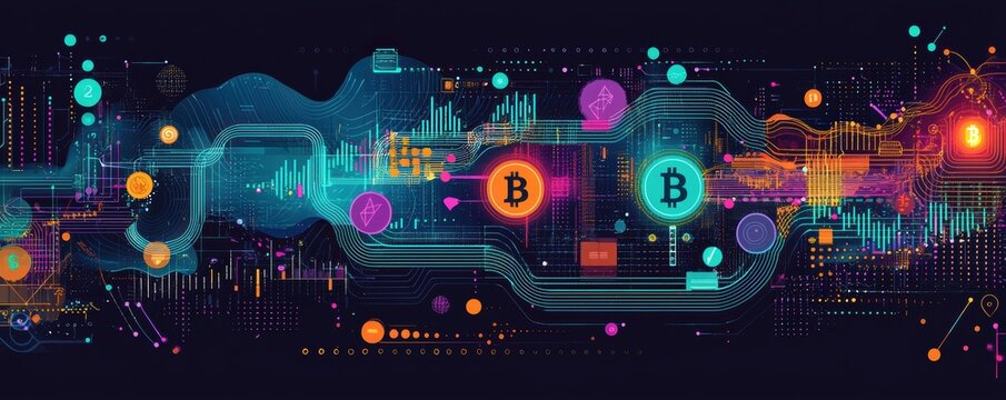 Colorful digital representation of blockchain technology with Bitcoin and cryptocurrency symbols