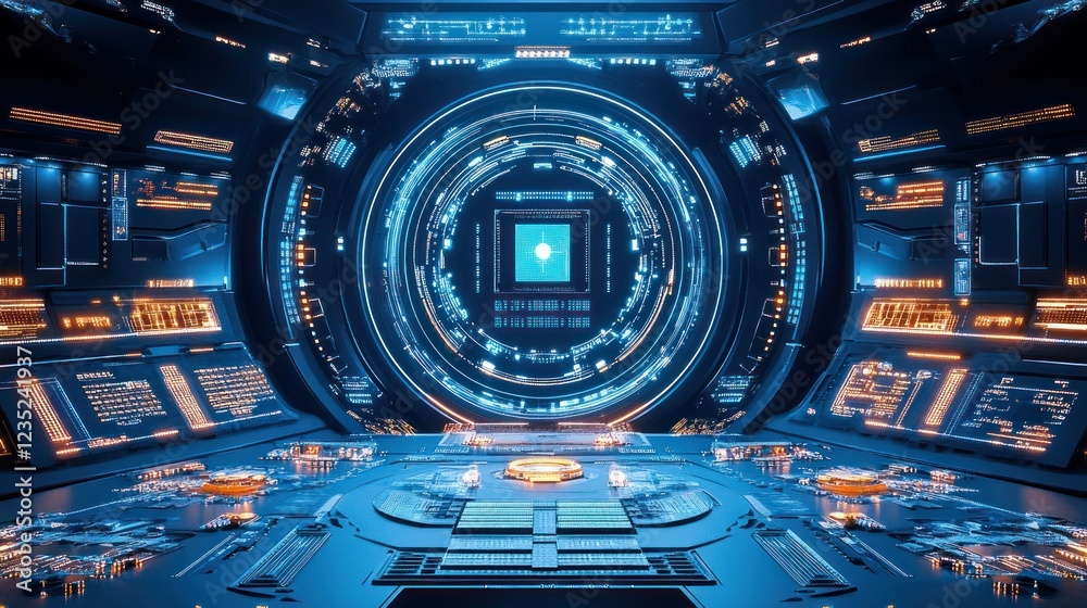 Poster Futuristic Control Room with Central Processing Unit