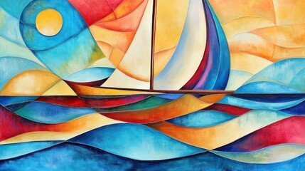 Abstract Sailboat Artwork Depicting A Sunny Seascape