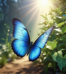 Delicate blue butterfly with iridescent wings fluttering in sunlight,  garden,  flower