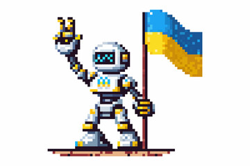 Pixel art robot with yellow and blue accents holding the Ukrainian flag and making a peace sign