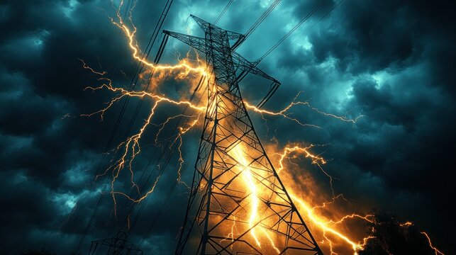 Stormy weather, power lines, lightning strike, electrical tower