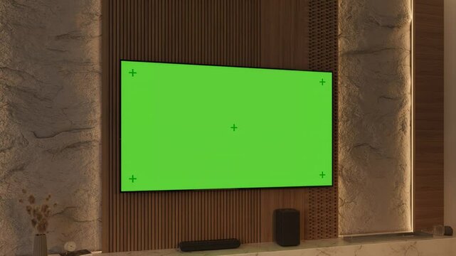 The camera zooms in on a big TV in a contemporary living room in warm, neutral tones. 3D render