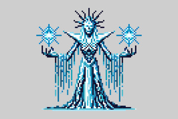 Pixel art depiction of the leader of the White Walkers, adorned in a flowing robe and crowned with icy spikes, holding glowing star-like objects