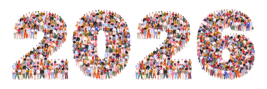  Large group of people form to create number 2026 or two thousand twenty six. Merry Christmas and Happy New Year. Vector illustration. Not AI generated