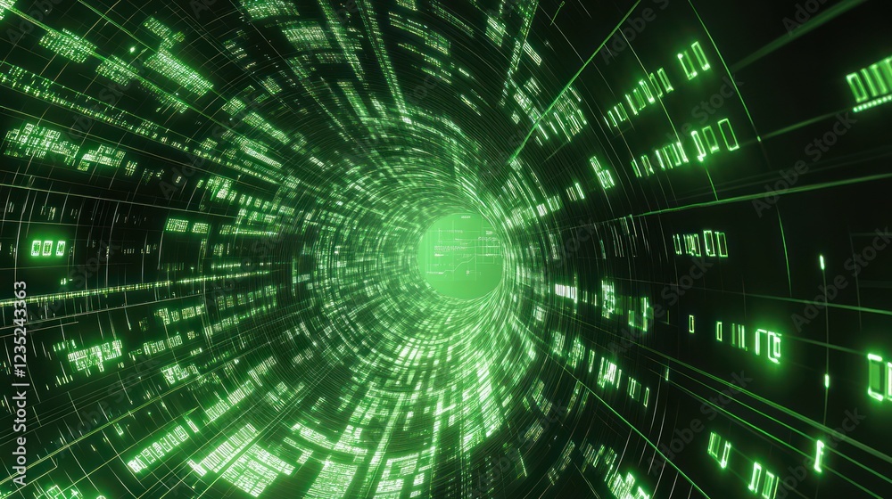 Aufkleber Abstract Green Digital Data Tunnel Visualization