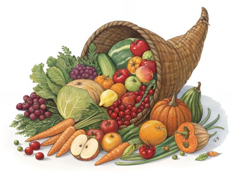 recommend clip art: Abundant Autumn Harvest Cornucopia of Fruits Vegetables Thanksgiving Feast