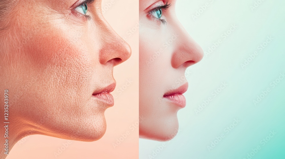 Poster comparison of youthful and aged faces showcasing distinct signs of aging and smooth skin in a creati