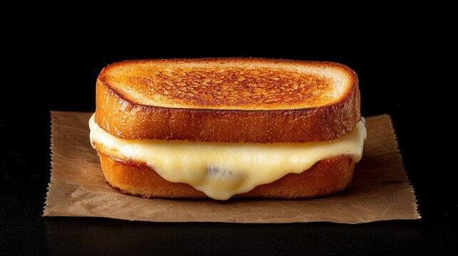 A golden-brown grilled cheese sandwich with melted cheese, presented on a piece of brown paper against a black background.