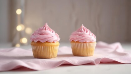 Delightful vanilla cupcake with swirled pink frosting on a sleek white tablecloth against a bright light background,  food styling,  birthday treats