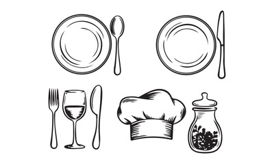 Culinary Dining Elements: Chef Hat, Wine Glass, Plate, Fork, Knife, Seasoning