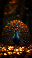 Pr&auml;chtiger Pfau vor schimmernden Goldm&uuml;nzen in magischer Kulisse

