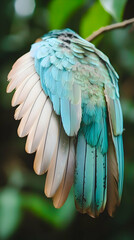 Obraz premium Turquoise bird resting wings foliage background nature poster