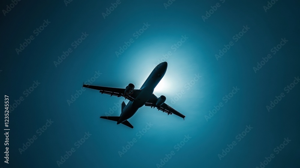 Aufkleber silhouette of an airplane soaring through the sky against a bright backdrop. generative ai