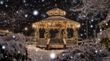 Fototapeta premium Snow covered gazebo illuminated with christmas lights