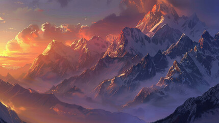 Obraz premium Sunrise over a Mountain Range: Capturing the first light of day illuminating the peaks and valleys.