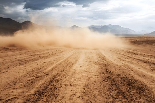 Dramatic Desert Landscape Dust Storm on a Dirt Road with Mountain Background