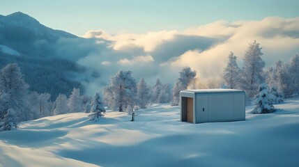 A small cabin is sitting in the snow on a mountain