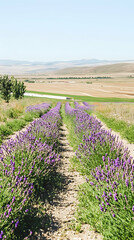 Obraz premium Lavender field rows, sunny valley landscape, rural farm, purple flowers, agricultural cultivation