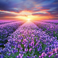 Fototapeta premium Lavender field sunset landscape, vibrant colors, tranquil scene, idyllic rural setting, perfect for travel brochures
