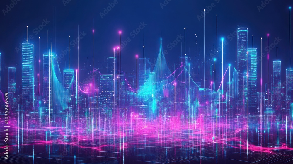 Poster futuristic cityscape illuminated by neon lights and data streams