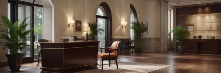 Desk in lobby with receptionist talking on phone sitting in chair,  desk, phone