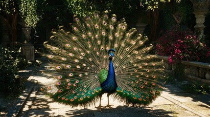 Obraz premium Majestic Peacock Displays Its Brilliant Plumage In A Lush Garden
