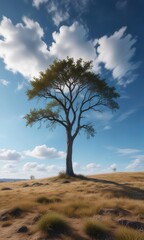 Fototapeta premium Distant blue sky with wispy clouds and a solitary tree, serene, cloud