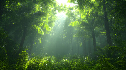 Sunbeams in lush rainforest, misty undergrowth, exploration backdrop