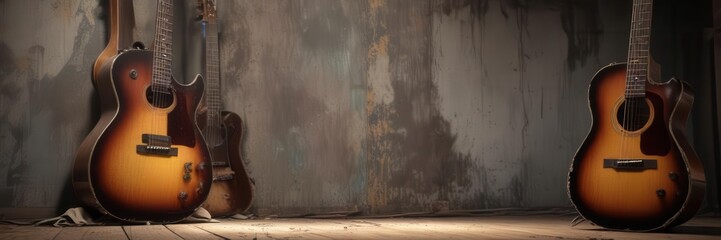 Obraz premium Distressed grunge banner with a guitar in the background , texture, guitars
