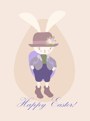 Cute rabbit. Funny hare with Easter egg. Animal in clothes and hat finds gifts. Spring holiday. Flat design illustration in pastel colors. Happy Easter.
