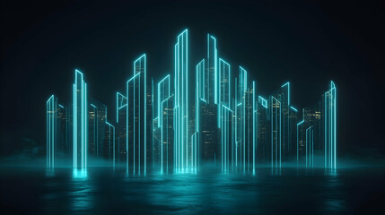 Naklejka premium Futuristic neon city skyline reflecting on water, dark background, digital art, website banner