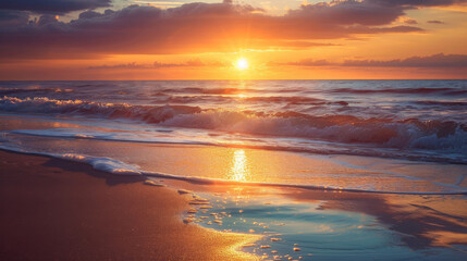 Fototapeta premium Sunset Over the Ocean - The sun setting over the horizon, casting a golden glow on the water. 