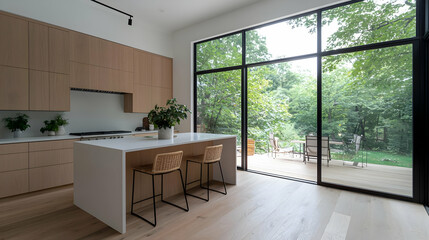 Modern kitchen island overlooking patio & forest
