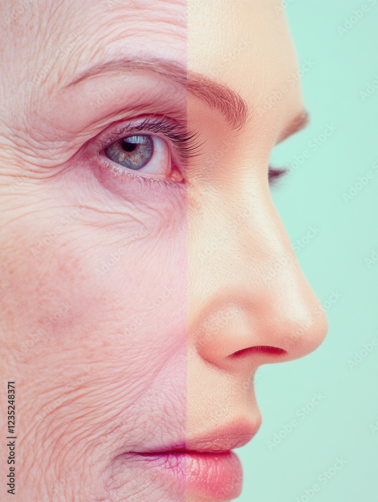 Poster Contrast between youthful skin and signs of aging captured in a close up of two faces showcasing different textures and tones. Generative AI