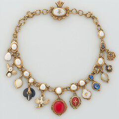 Obraz premium Gold pearl charm necklace, ornate detail, studio shot, white background, jewelry catalog
