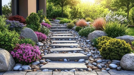 Obraz premium Sunny stone steps through landscaped garden