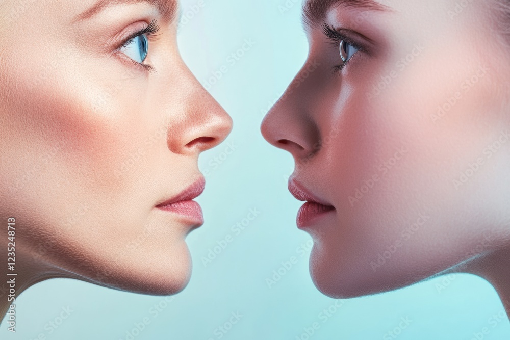 Leinwandbilder Two contrasting faces showcase the passage of time with one exhibiting signs of aging and the other displaying youthful smoothness. Generative AI