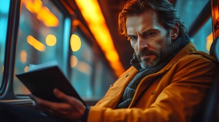 Obraz premium A man in a yellow jacket is reading a book on a train