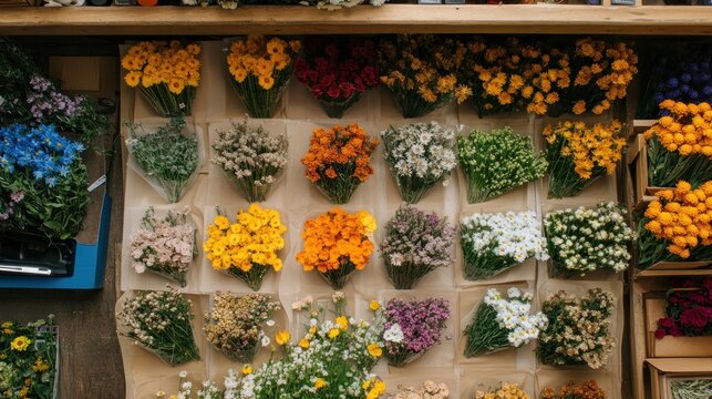Colorful Flower Bouquets Arranged Neatly In A Shop