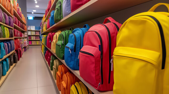Rows of colorful backpacks are neatly arranged on shelves in a vibrant stationery shop, creating a visually appealing display for back to school shopping