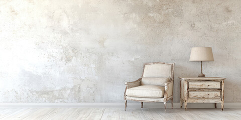 Aged vintage collectible furniture in the interior of the room. Nightstand table, armchair, lamp. 