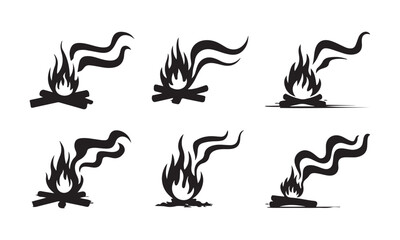 Minimalist Black White Fire Illustrations: Campfire Icons, Flame Designs, and Burning Logs