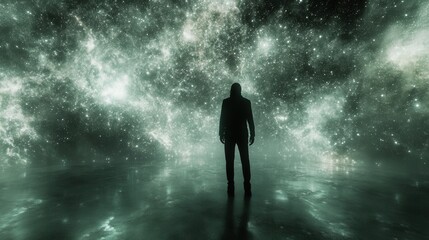 Person standing in front of a vast starry universe with green glowing elements at night