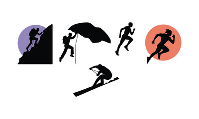 Dynamic Athlete Silhouettes: Extreme Sports Icons with Vibrant Circular Backgrounds